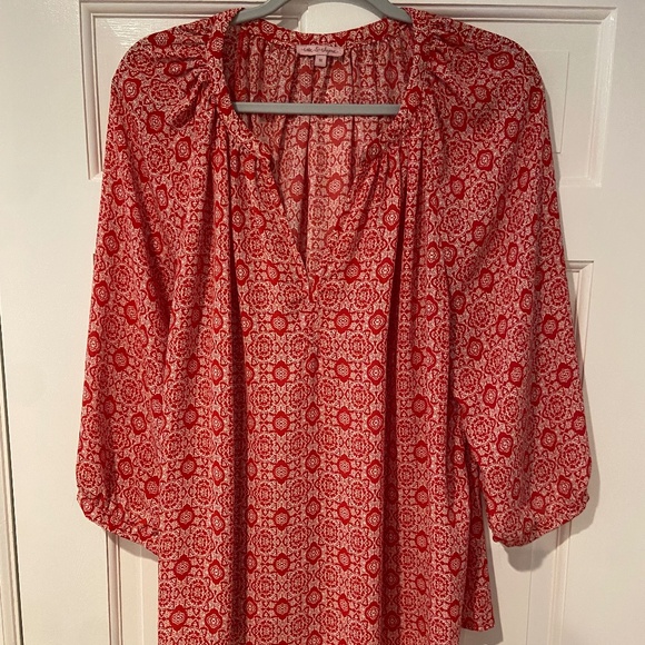 Rose & Rhyme 1X Red Boho Peasant Blouse with White Mandalas and V-Neck - Picture 1 of 8